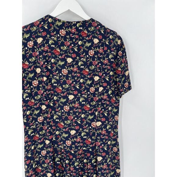Talbots Vintage Dress Womens Medium/Large Navy Blue Floral Print Button Pleated - Picture 9 of 16